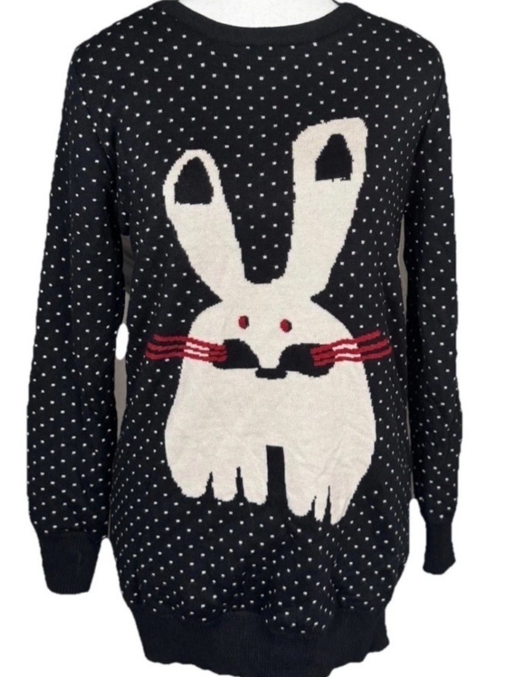 Bunny Rabbit Polka Dot Black Sweater Cashmere Wool Blend *Small Fleece Lined